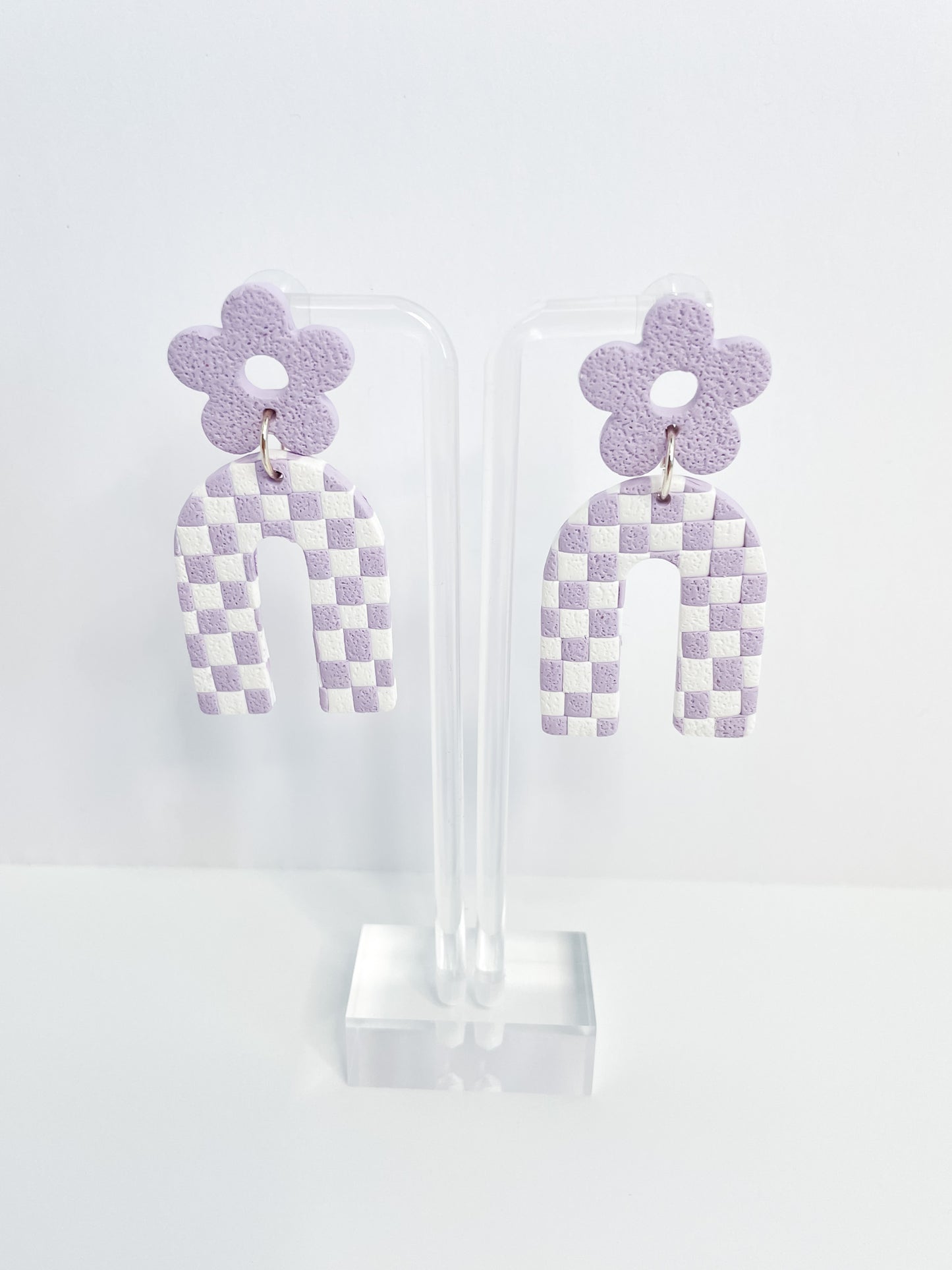 Checkmate — Handmade Lilac Checkerboard Drop Earrings