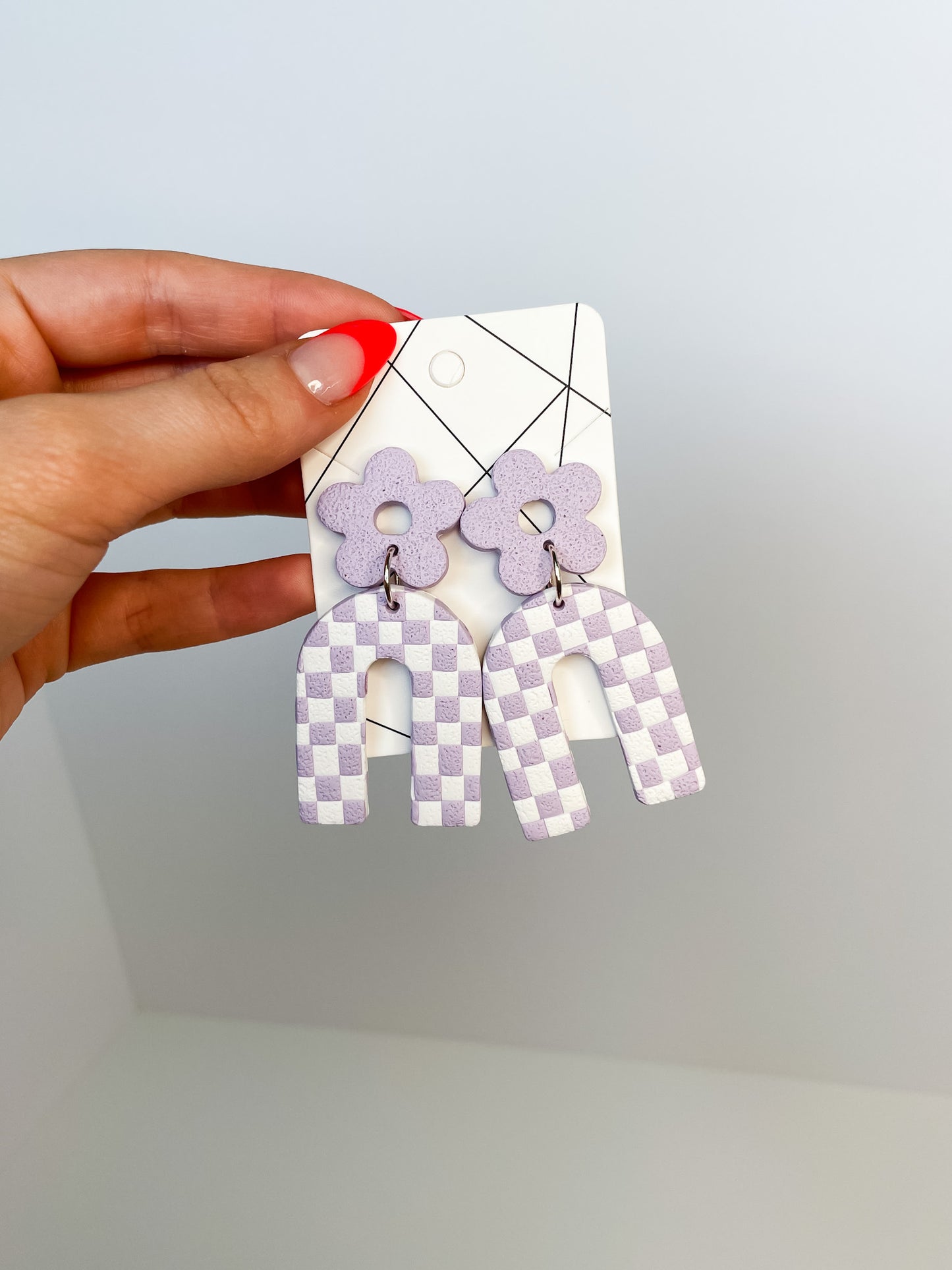 Checkmate — Handmade Lilac Checkerboard Drop Earrings