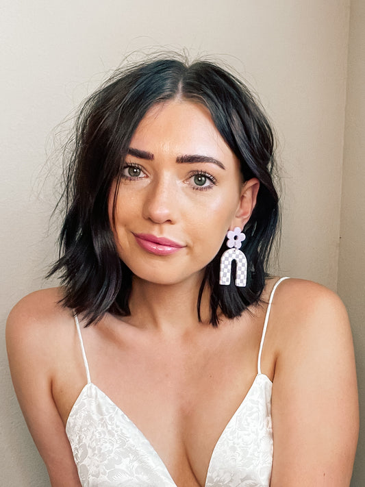 Checkmate — Handmade Lilac Checkerboard Drop Earrings